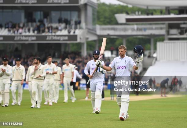 Joe Root of England salutes the crowd after winning the First LV= Insurance Test match between England and New Zealand at Lord's Cricket Ground on...