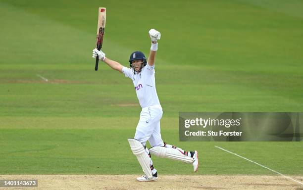 England batsman Joe Root celebrates after scoring the winning runs during day four of the first Test Match between England and New Zealand at Lord's...