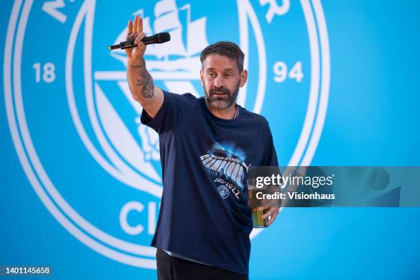 Manchester City goalkeeper Scott Carson acknowledged the crowd during the Manchester City FC Victory Parade on May 23, 2022 in Manchester, England.