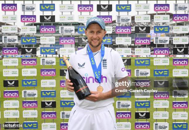 Man of the match Joe Root of England poses for a picture after the First LV= Insurance Test match between England and New Zealand at Lord's Cricket...