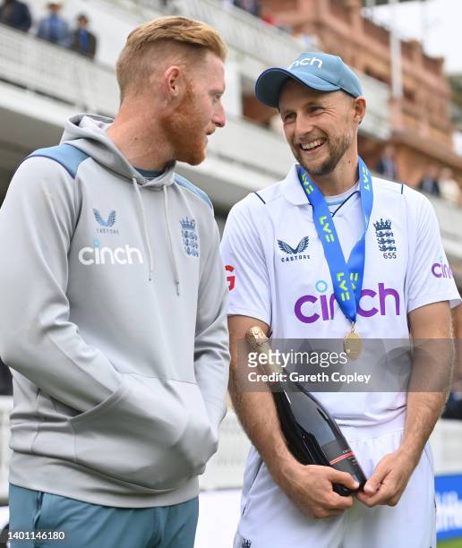 Man of the Match Joe Root of England shares a joke with England captain Ben Stokes after day four of the First LV= Insurance Test match between...