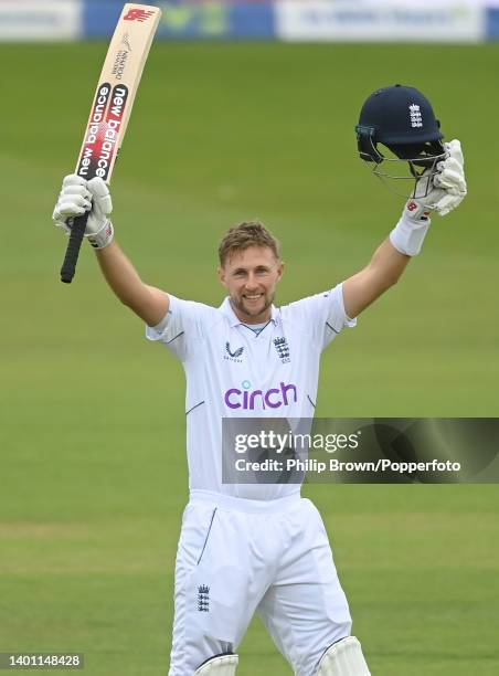 Joe Root of England celebrates reaching his century during the first Test against New Zealand at Lord's Cricket Ground on June 05, 2022 in London,...
