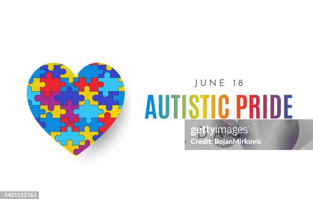 autistic pride day card with puzzle heart, june 18. vector - pride day stock illustrations