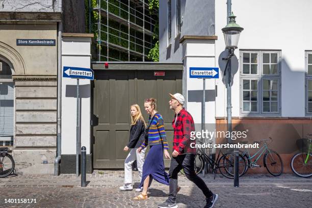 tourists in front of traffic signs saying one-way street in danish - denmark stock pictures, royalty-free photos & images