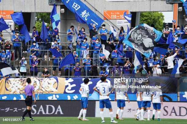 Fans of Moto Hollyhock cheer during the J.LEAGUE Meiji Yasuda J2 20th Sec. Match between Omiya Ardija and Mito Hollyhock at NACK5 Stadium Omiya on...