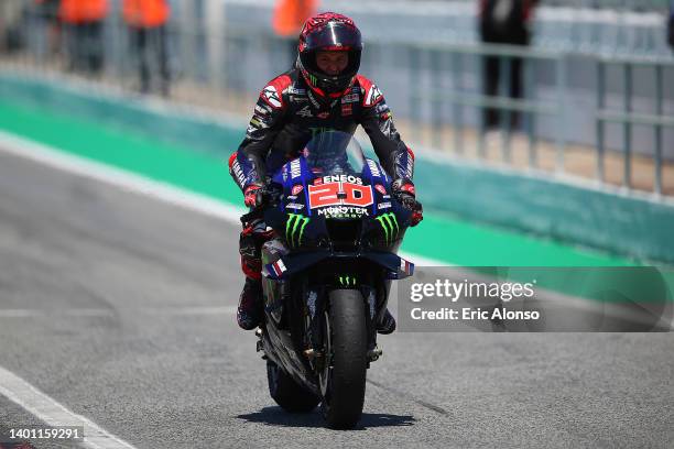 Fabio Quartararo of France and Monster Energy Yamaha MotoGP celebrates his victory at Circuit de Barcelona-Catalunya on June 05, 2022 in Barcelona,...