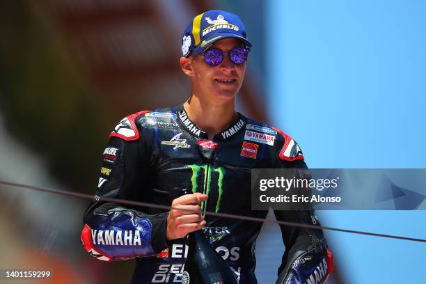 Fabio Quartararo of France and Monster Energy Yamaha MotoGP celebrates his victory at Circuit de Barcelona-Catalunya on June 05, 2022 in Barcelona,...