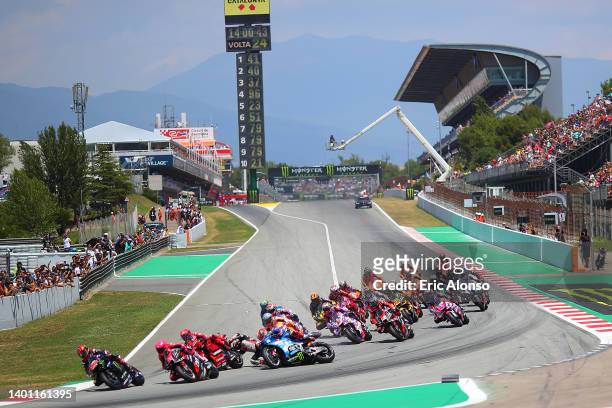 Start of the MotoGP at Circuit de Barcelona-Catalunya on June 05, 2022 in Barcelona, Spain.