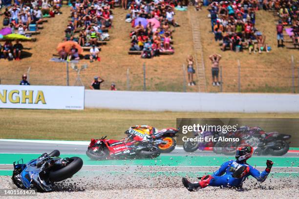Alex Rins of Spain and Team SUZUKI ECSTAR crashes at Circuit de Barcelona-Catalunya on June 05, 2022 in Barcelona, Spain.