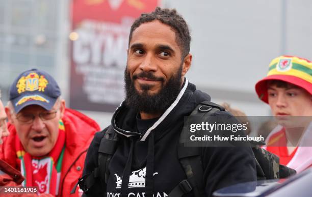 Ex Welsh International Ashley Williams arrives at the stadium and immediately surrounded by fans ahead of the FIFA World Cup Final Play-Off at...