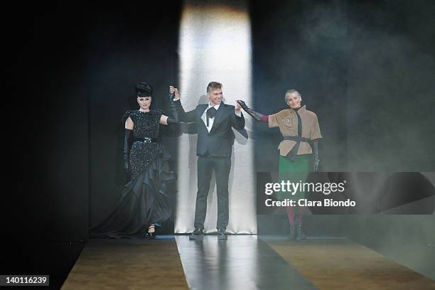Singer Viktoria Modesta, Designer Sergei Grinko and Benedetta Barzini the runway during the Sergei Grinko fashion show as part of Milan Womenswear...