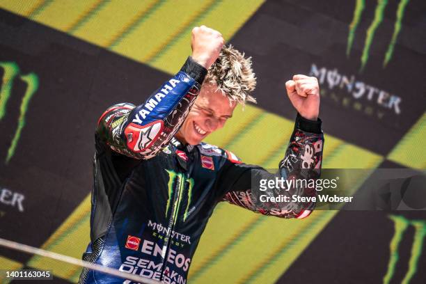 Fabio Quartararo of France and Monster Energy Yamaha MotoGP on the podium after his race win during the race of the MotoGP Gran Premi Monster Energy...