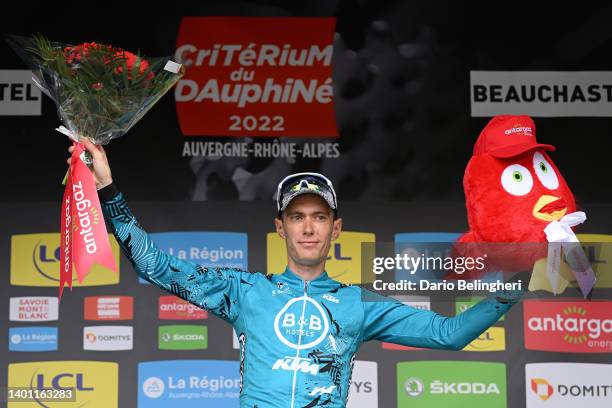 Pierre Rolland of France and Team B&B Hotels P/B KTM celebrates at podium as Most Combative Rider Prize winner during the 74th Critérium du Dauphiné...