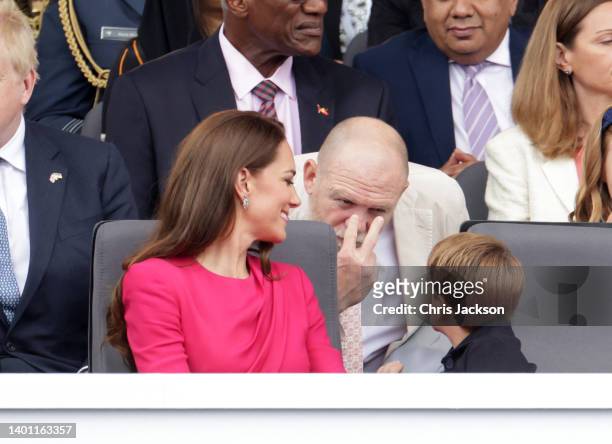 Catherine, Duchess of Cambridge, Mike Tindall and Prince Louis of Cambridge speak ahead the Platinum Pageant on June 05, 2022 in London, England. The...
