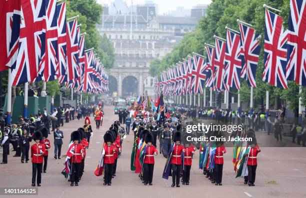 Members of the Military march along the Mall during the Platinum Pageant on June 05, 2022 in London, England. The Platinum Jubilee of Elizabeth II is...