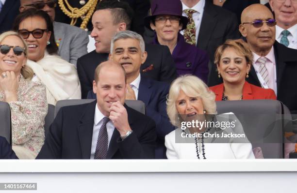 Zara Tindall, Mayor of London Sadiq Khan, Saadiya Khan, Prince William, Duke of Wales, Camilla, Duchess of Cornwall attend the Platinum Pageant on...