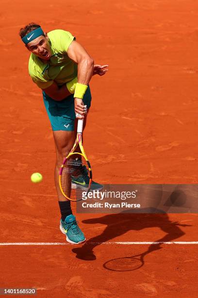 Rafael Nadal of Spain serves against Casper Ruud of Norway during the Men's Singles Final match on Day 15 of The 2022 French Open at Roland Garros on...
