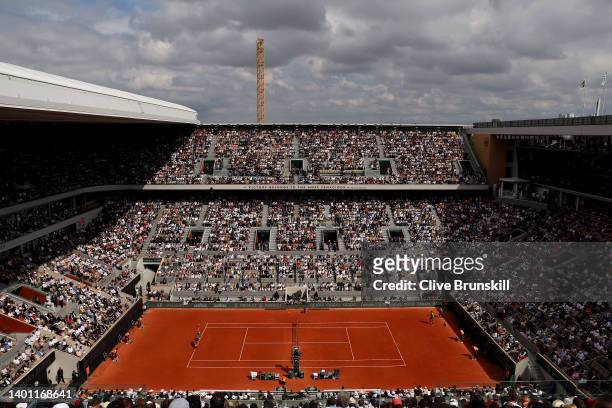 General view as Casper Ruud of Norway serves against Rafael Nadal of Spain during the Men's Singles Final match on Day 15 of The 2022 French Open at...