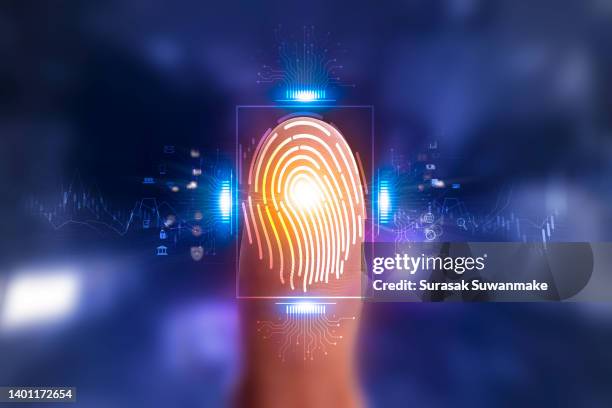 3d technology illustration a fingerprint scanner is integrated into the printed circuit. release binary code - biometrie stock-fotos und bilder