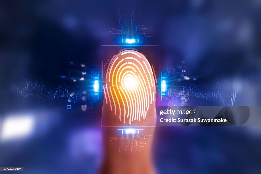 3d technology illustration A fingerprint scanner is integrated into the printed circuit. release binary code