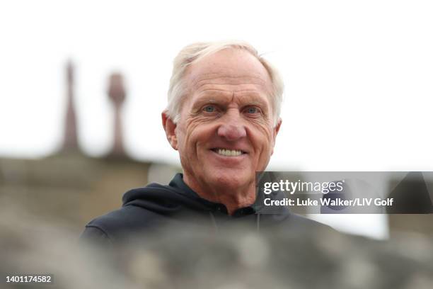 Greg Norman smiles during the prize giving ceremony following Day Four of the International Series England at Slaley Hall on June 05, 2022 in Hexham,...