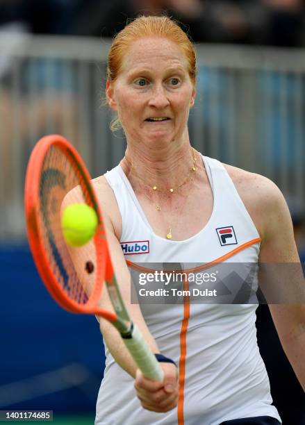 Alison van Uytvanck of Belgium plays a forehand during her Women's Singles Final match against Arina Rodionova of Australia on Day Eight of the...