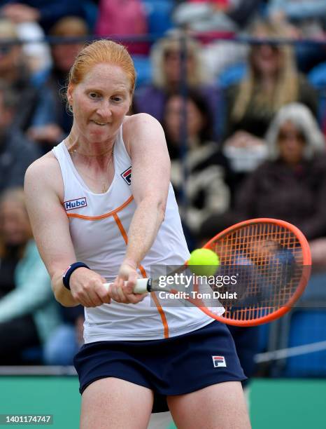 Alison van Uytvanck of Belgium plays a backhand during her Women's Singles Final match against Arina Rodionova of Australia on Day Eight of the...