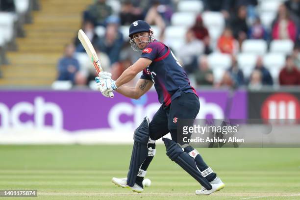 Chris Lynn of Northamptonshire Steelbacks plays the ball through the legside during the Vitality T20 Blast between Durham Cricket and...