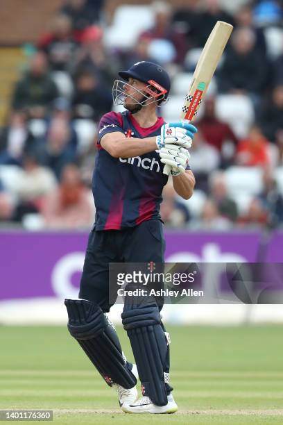 Chris Lynn of Northamptonshire Steelbacks hits four down the ground during the Vitality T20 Blast between Durham Cricket and Northamptonshire...
