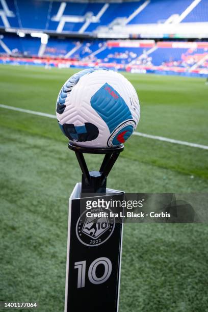 The game ball atop a platform that commemorates the 10 year anniversary of the NWSL league during the Pride Night match between NJ/NY Gotham FC and...