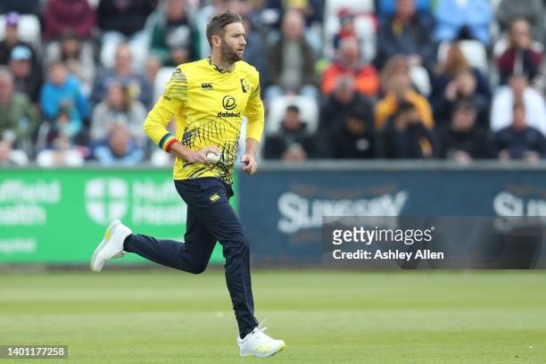 Andrew Tye of Durham bowls during the Vitality T20 Blast between Durham Cricket and Northamptonshire Steelbacks at The Riverside on June 05, 2022 in...