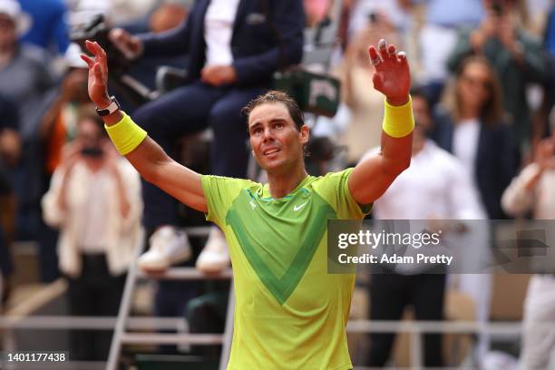 Rafael Nadal of Spain celebrates after winning match point against Casper Ruud of Norway during the Men's Singles Final match on Day 15 of The 2022...