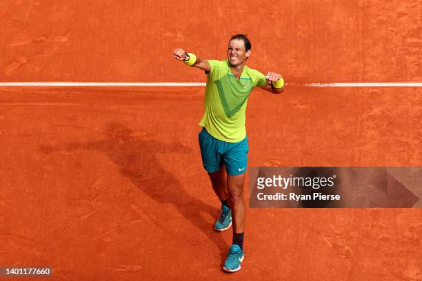 Rafael Nadal of Spain celebrates after winning against Casper Ruud of Norway during the Men's Singles Final match on Day 15 of The 2022 French Open...