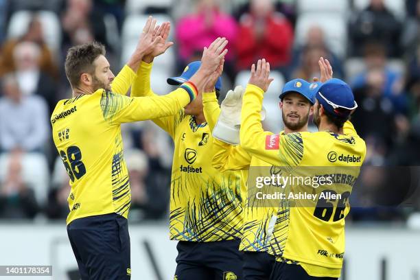 Andrew Tye of Durham celebrates the wicket of Josh Cobb of Northamptonshire Steelbacks during the Vitality T20 Blast between Durham Cricket and...