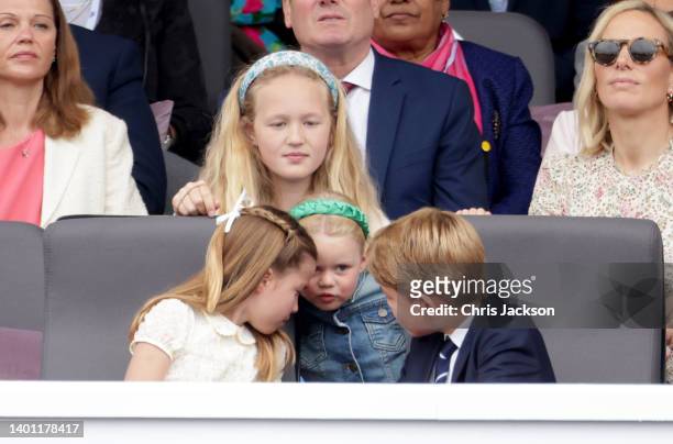 Savannah Phillips, Mia Tindall, Princess Charlotte of Cambridge, Prince George of Cambridge during the Platinum Pageant on June 05, 2022 in London,...