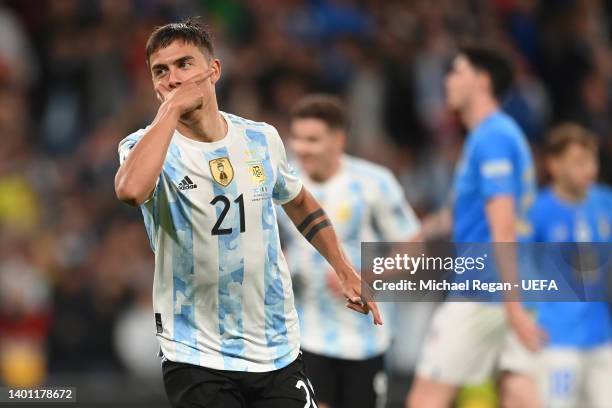 Paulo Dybala of Argentina celebrates after scoring their team's third goal during the 2022 Finalissima match between Italy and Argentina at Wembley...