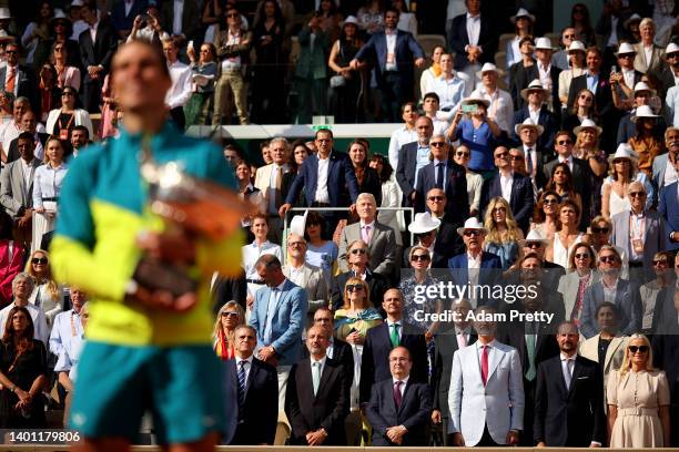 King Felipe VI of Spain, Haakon, Crown Prince of Norway and Mette-Marit, Crown Princess of Norway look on during the presentation after the Men's...