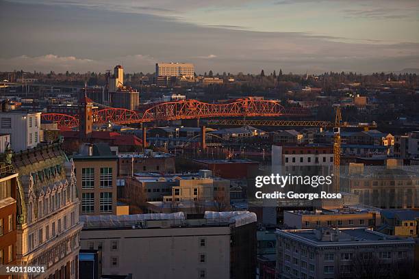 The downtown skyline and the Broadway Bridge are viewed in the early morning on February 11 in Portland, Oregon. Portland has embraced its national...