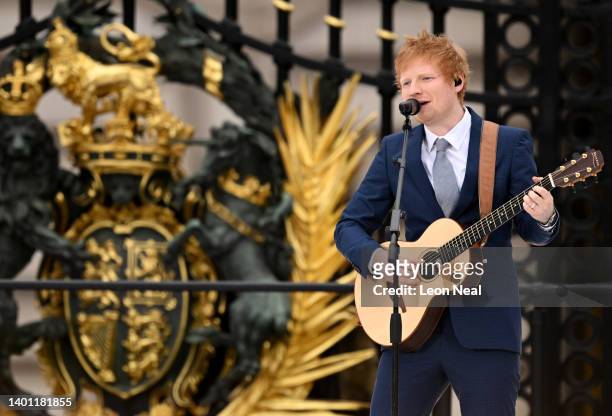Ed Sheeran performs during the Platinum Pageant on June 05, 2022 in London, England. The Platinum Jubilee of Elizabeth II is being celebrated from...