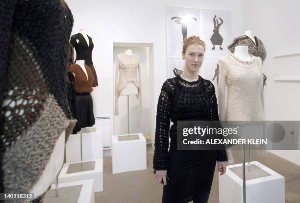 French designer Alice Lemoine poses next to her creations for Le Moine Tricote a Paris during the presentation of her Fall/Winter 2012-2013...