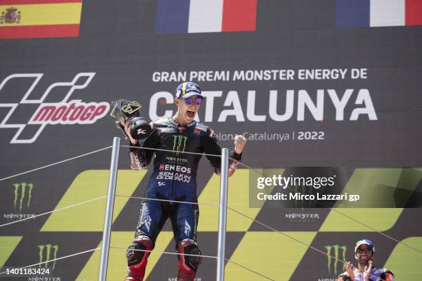 Fabio Quartararo of France and Monster Energy Yamaha MotoGP Team celebrates the victory on the podium during the MotoGP race during the MotoGP of...