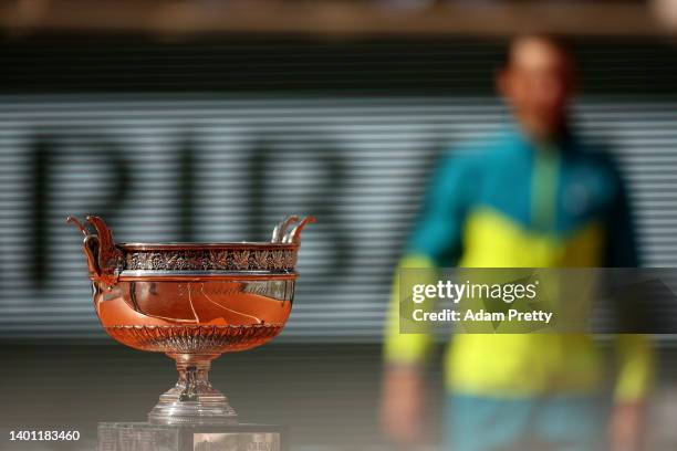 Detail view of the French Open Trophy after the Men's Singles Final match between Rafael Nadal of Spain and Casper Ruud of Norway on Day 15 of The...