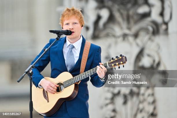 Ed Sheeran performs during the Platinum Pageant on June 05, 2022 in London, England. The Platinum Jubilee of Elizabeth II is being celebrated from...