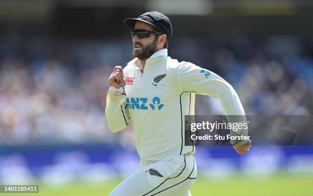 New Zealand captain Kane Williamson in running action chasing a ball in the outfield during day three of the first Test Match between England and New...