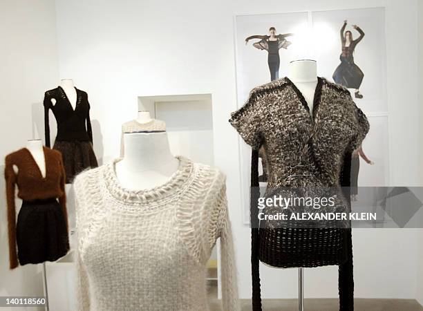 Picture taken on February 28, 2012 shows creations by French designer Alice Lemoine for Le Moine Tricote a Paris during the presentation of her...