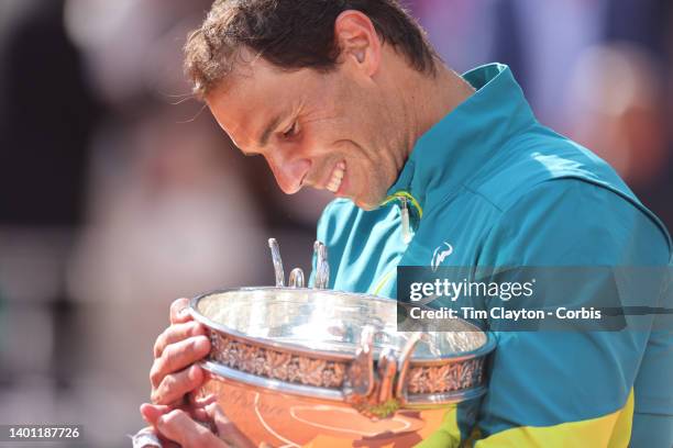 Rafael Nadal of Spain with the trophy after his victory against Casper Rudd of Norway during the Singles Final for Men on Court Philippe Chatrier at...