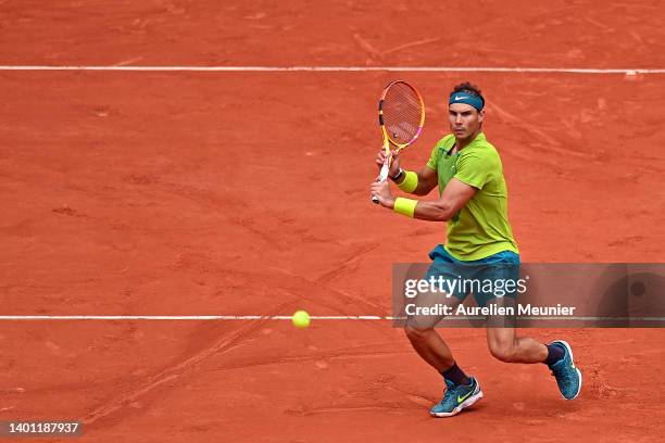 Rafael Nadal of Spain plays a backhand during the Men's Singles Final match against Casper Ruud of Norway on Day 15 of The 2022 French Open at Roland...