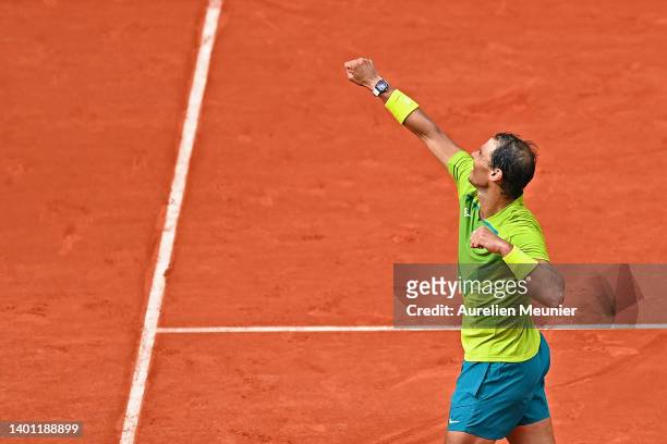 Rafael Nadal of Spain reacts after winning the Men's Singles Final match against Casper Ruud of Norway on Day 15 of The 2022 French Open at Roland...