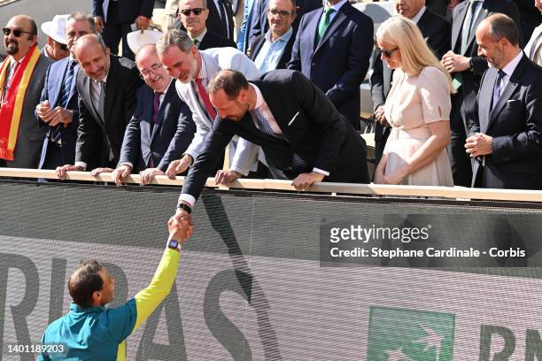 Rafael Nadal of Spain is congratulated by Haakon, Crown Prince of Norway next to the King of Spain Felipe VI and Mette-Marit, Crown Princess of...
