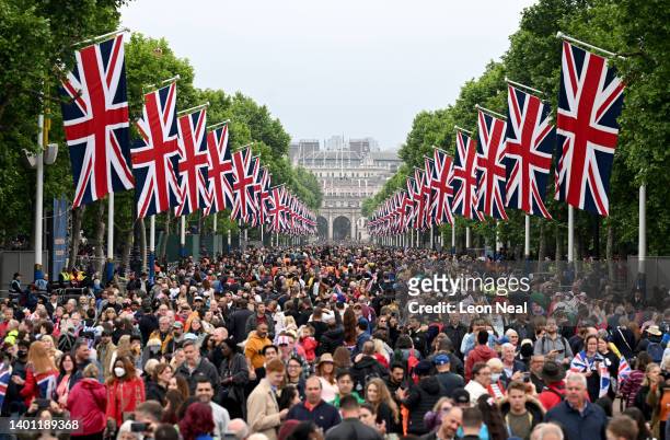 General view of the crowd along the Mall during the Platinum Pageant on June 05, 2022 in London, England. The Platinum Jubilee of Elizabeth II is...